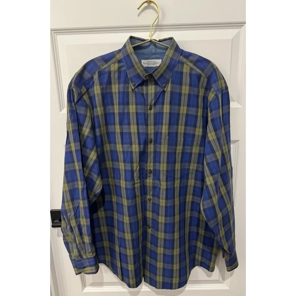 BANANA REPUBLIC Men's Long Sleeve Button Down Shirt Blue Plaid L Large Handsome